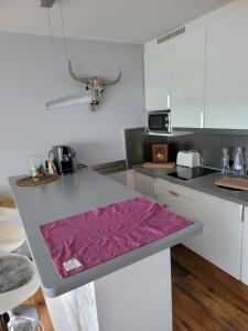a kitchen with a purple rug on a counter at Appartment CS in Wunstorf
