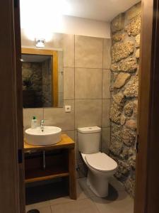 a bathroom with a toilet and a sink and a stone wall at Quinta do Pinheiro in Guimarães