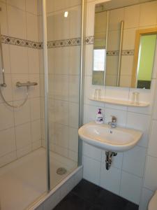 een badkamer met een wastafel en een douche bij Stadthotel Regensburg in Regensburg