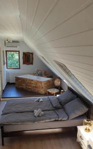 a bedroom with a bed and a bath tub at Lesence Major in Lesencetomaj