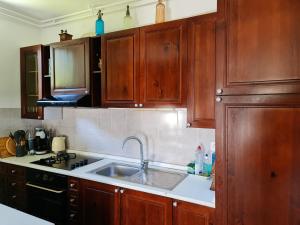a kitchen with wooden cabinets and a sink at Holiday House Jasna in Kranjska Gora