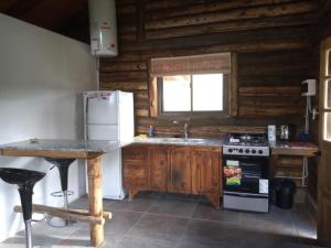 a kitchen with a refrigerator and a stove top oven at Posta Nehuen Tomillo in Potrerillos