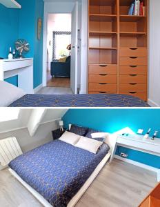 a bedroom with a bed and a room with blue walls at LE REFLET MERVILLE - Central & chic - AufildeLorient in Lorient