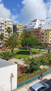 Doranda Rooms Las Canteras في لاس بالماس دي غران كاناريا: اطلالة على حديقة فيها نخل ومباني