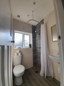 a bathroom with a toilet and a shower and a sink at St Georges house, Premium 3 bed Home Slough, Legoland, Windsor in Slough +42 photos