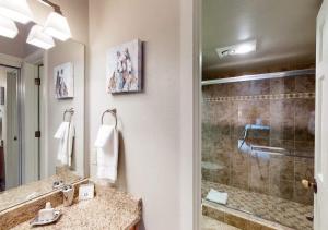 a bathroom with a shower and a sink and a mirror at The Enclave at Snowmass by TO in Aspen