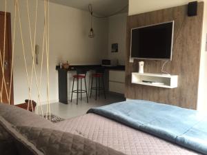 1 dormitorio con 1 cama y TV en la pared en Flat Santa Cruz do Sul, en Santa Cruz do Sul