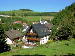 an aerial view of a large house in a village at Lauras Landhauspension in Medebach