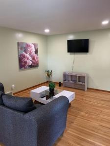 sala de estar con sofá y TV en Niagara Falls Private Brick Vacation Home en Niagara Falls