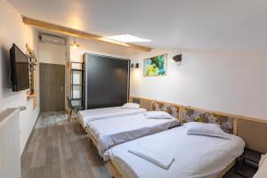 ブラショヴにあるEzio Houseのベッド3台、薄型テレビが備わる客室です。