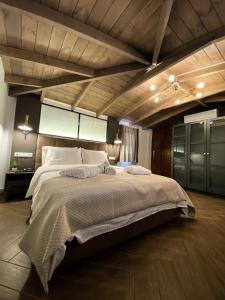 1 dormitorio con 1 cama grande y techo de madera en FILEO ELEGANT LIVING en Veria