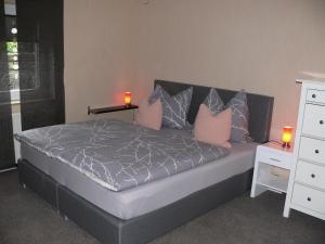 um quarto com uma cama com almofadas cor-de-rosa e cinzentas em Ferienwohnung Natur-Pur em Ehrenberg