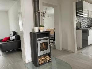 a fireplace in a living room with a stove at Guntia Apartment mit großem Garten in Günzburg