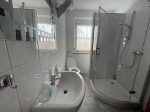 a bathroom with a sink and a shower and a toilet at Guntia Apartment mit großem Garten in Günzburg +27 photos