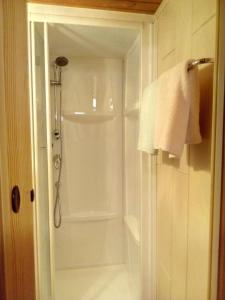 a bathroom with a shower with a glass door at Hotel Tauernpasshöhe in Obertauern