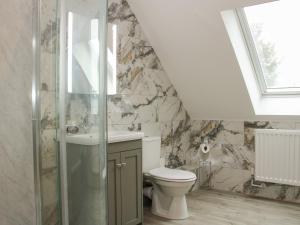 a bathroom with a toilet and a sink at Holly Lodge in Welshpool +41 photos