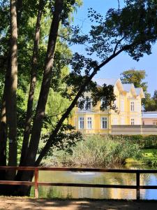 巴特哈爾茨堡的住宿－3 echte DTV Sterne FeWo Münster mit Saunen, Schwimmbad & WLAN!，前面有长凳的黄色房子