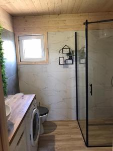 a bathroom with a shower and a toilet and a sink at Krysiakowe Chatki in Gąski