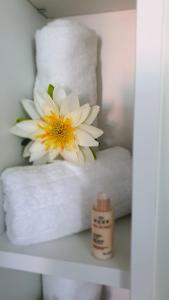 une fleur blanche assise sur une étagère avec des serviettes dans l'établissement Floating Sea House SONČEK, à Portorož 26 autres photos