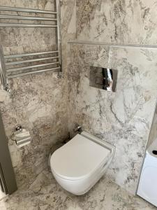 a white toilet in a bathroom with marble walls at Istanbul Park Hotel in Tuzla