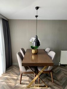 a dining room table with chairs and a black lamp at Istanbul Park Hotel in Tuzla