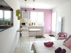 Habitación con cama y cocina con paredes moradas. en Coquet studio en Médoc, Jacuzzi et climatisation en Ordonnac