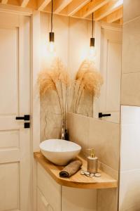 a bathroom with a bowl sink and lights at Birštonas Tiny Hemp House in Birštonas