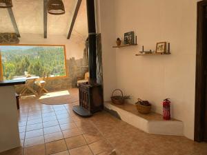 a living room with a stove in the middle of a room at Casa Rural El Carrizal in Riópar