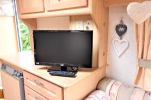 TV en un escritorio en una casa pequeña en Y Ffau - A gorgeous little caravan, en Knighton