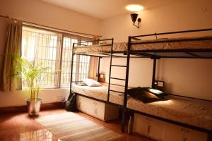 a bedroom with two bunk beds and a window at BE ANIMAL Hostel in Bangalore