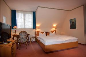 a hotel room with a bed and a desk and a television at Parkhotel Unter den Linden in Halberstadt