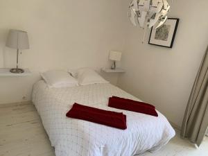 a white bed with two red pillows on it at Maison en Périgord à 5 mn à pieds du centre Sarlat in Sarlat-la-Canéda