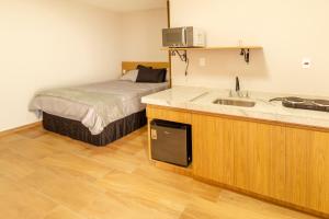 a room with a bed and a kitchen with a sink at Pousada Vovó Teresa in Tiradentes