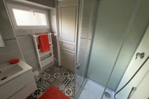 een kleine badkamer met een douche en een wastafel bij Gîte en Cotentin in Étienville