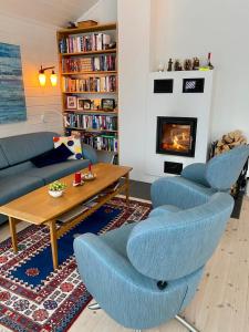 a living room with blue chairs and a table and a fireplace at Dyrhaug - hytte med utsikt over Krøderen in Noresund