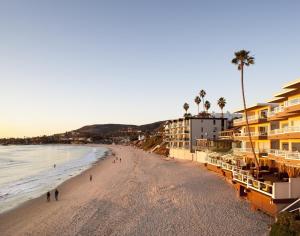 - une vue sur une plage bordée de palmiers et de condos dans l'établissement Pacific Edge Oceanfront Hotel, à Laguna Beach