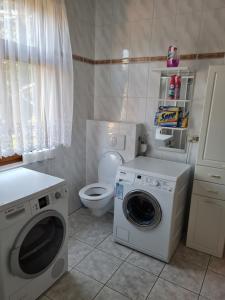 a bathroom with a washing machine and a toilet at Ferienwohnung Uferblick in Plaue