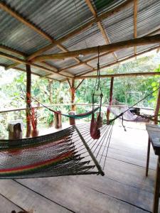 a hammock on a wooden deck with trees in the background at Rio Agujitas Eco-Jungle in Drake