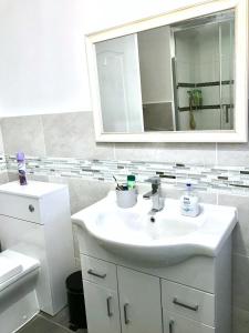 uma casa de banho branca com um lavatório e um espelho em Fox View Guesthouse em Bristol