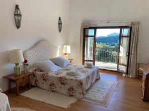 ein Schlafzimmer mit einem Bett und einem großen Fenster in der Unterkunft Finca las Encinas in Ronda