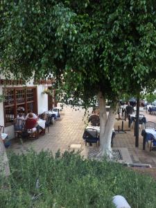 una acera con mesas y sillas y un árbol en FLOR DE PASCUA, en Acantilado de los Gigantes