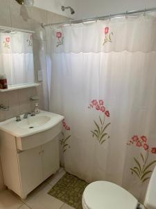 a bathroom with a sink and a toilet and a shower curtain at Edificio Rivera Este in Colón