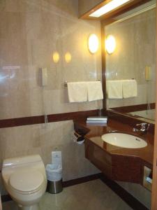 a bathroom with a toilet and a sink and a mirror at Grand Palace Hotel in Miri