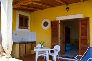 a kitchen with yellow walls and a table and chairs at Case Tita - Salina in Santa Marina Salina