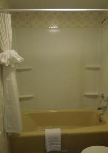 
a white bath tub sitting next to a white toilet at The Pines Motel in Saint Maries

