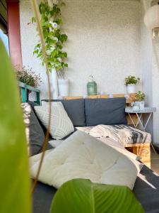 a living room with a couch and some potted plants at Modern, gemütlich, sehr zentrumsnah & ruhig in Leipzig