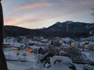 a village covered in snow with a mountain in the background at DreamlandRanch Vorarlberg in Schlins
