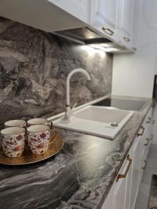 um balcão de cozinha com três copos num prato em Apartament Larysse em Oradea