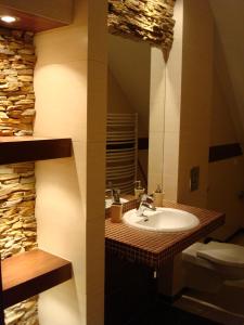 W łazience znajduje się umywalka, toaleta i lustro. w obiekcie Apartament Hiszpański w Zakopanem