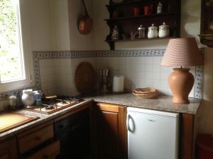 a kitchen with a stove and a white refrigerator at Villa Morante in Borgo a Mozzano